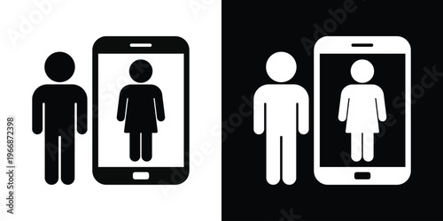 Vector icon of a man standing beside a smartphone displaying a woman. Represents video calling, online dating, remote communication, or digital relationships. Modern flat silhouette.