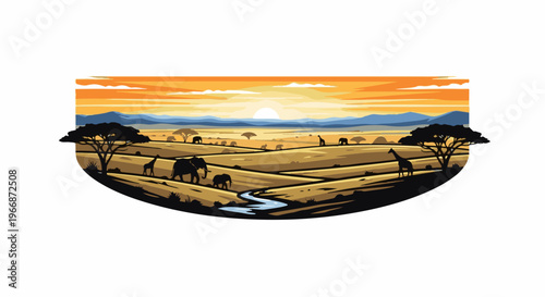 African savanna landscape at sunset with elephants and giraffes