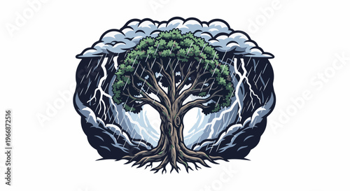 Ancient tree endures a fierce storm with rain and lightning