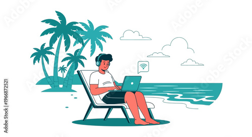 A relaxed young man, a digital nomad, efficiently works on his laptop while comfortably seated in a beach chair beside the tranquil ocean with palm trees.