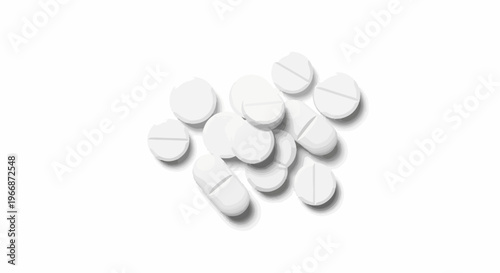 Pile of white, round, scored pills casting shadows on a white background