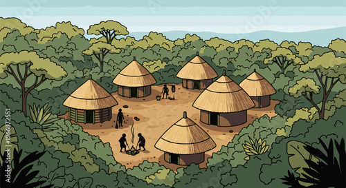 Ancient village in lush green jungle with thatched huts and villagers