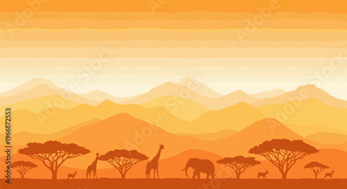 African savanna with silhouettes of trees, mountains, and animals under a gradient sky