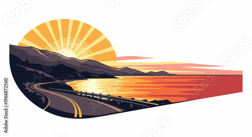 Pixelated coastal road at sunset with vibrant sunrays over mountains
