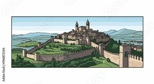 Ancient walled town on a hill overlooking a tranquil landscape