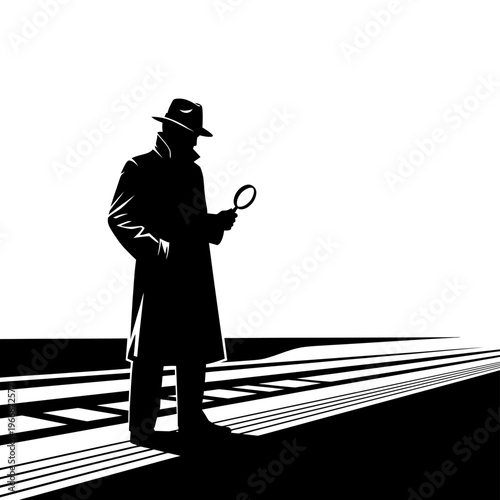 Silhouette of a Detective Investigating with Magnifying Glass on Railroad Tracks.
