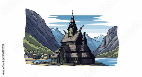 Ancient wooden church nestled between mountains and a serene lake