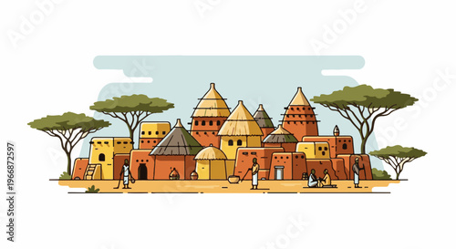 African village with thatched-roof huts and acacia trees