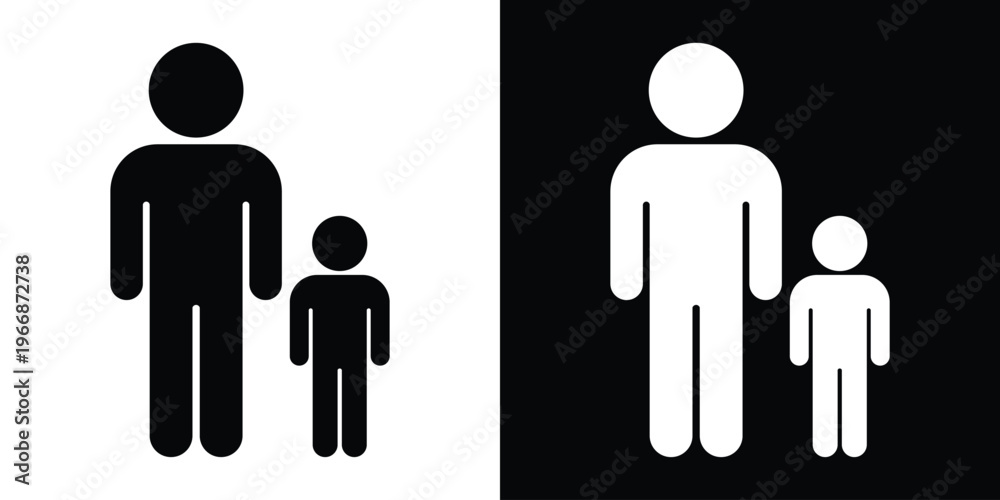 © bibin - Flat vector illustration of an adult man standing next to a small child. Symbolizes fatherhood, parenting, mentorship, or family protection. Clean black and white silhouette design. © bibin - Flat vector illustration of an adult man standing next to a small child. Symbolizes fatherhood, parenting, mentorship, or family protection. Clean black and white silhouette design.