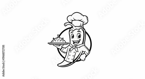 Animated chili pepper chef in uniform presents a platter of food, smiling