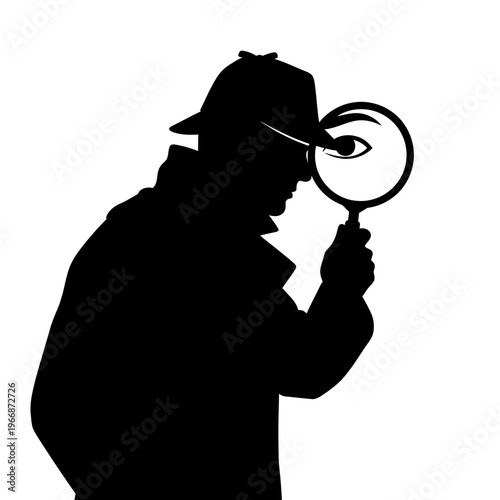 Silhouette of a Detective Inspecting with Magnifying Glass.