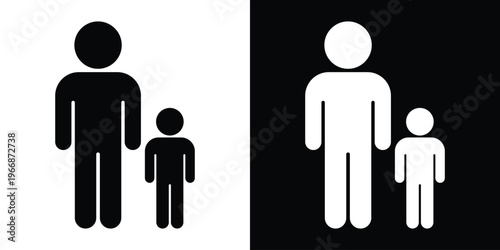Flat vector illustration of an adult man standing next to a small child. Symbolizes fatherhood, parenting, mentorship, or family protection. Clean black and white silhouette design.
