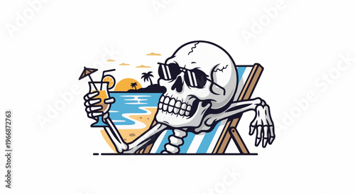 Skeleton relaxing on beach chair with tropical drink