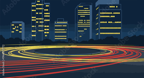 Animated nighttime city skyline with car light trails curving