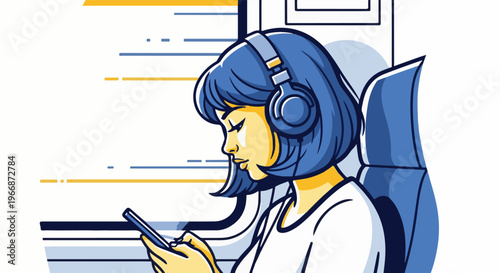 Animated woman with blue hair and headphones uses smartphone in transit