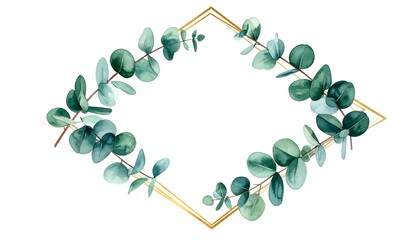 A geometric gold frame is outlined with fresh green eucalyptus leaves, a botanical elegant composition