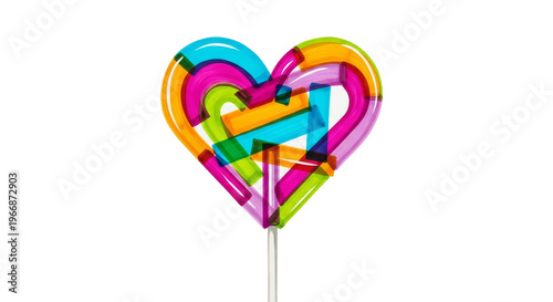 Heart shaped lollipop with multicolored sugar strips on png background.