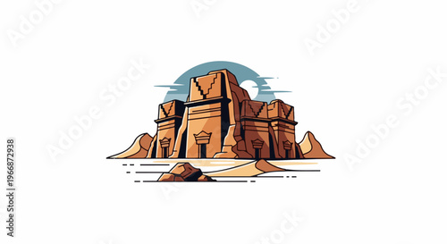 Stylized desert landscape with ancient rock-cut tombs under a sky