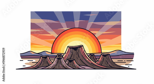 Stylized desert landscape with conical formations under a radiant sunset sky