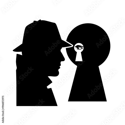 Silhouette of a Detective Looking Through a Keyhole with an Eye.