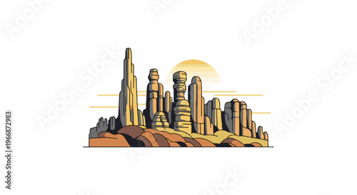 Stylized desert rock formations under a hazy sun with horizontal lines
