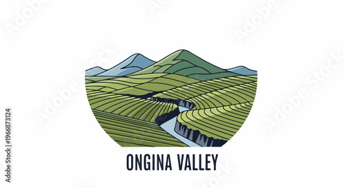 Verdant terraced fields carved by a river, with rolling hills and mountains