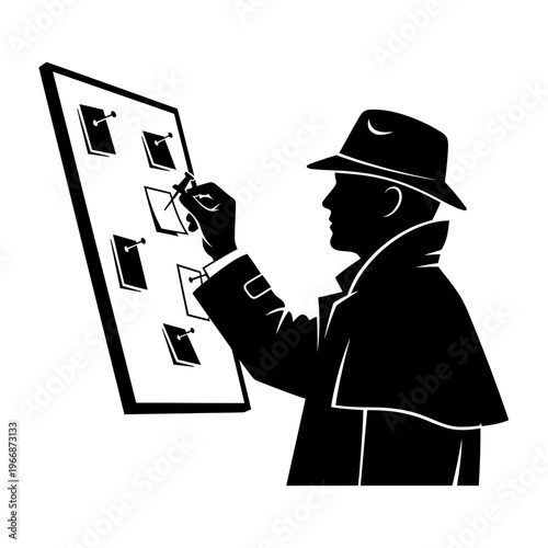 Silhouette of a Detective Marking a Crime Board with Evidence.