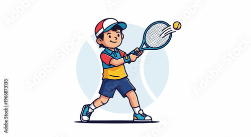 Young boy in cap swings tennis racket at ball with a smile