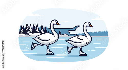 Whimsical swans gracefully ice skating on a frozen winter lake