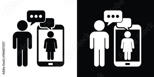 Vector illustration of a man talking to a woman shown on a smartphone screen. Highlights remote communication, video conferencing, and long-distance relationships. Modern flat icon design.