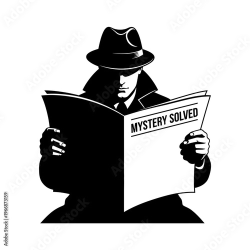 Silhouette of a Detective Reading Mystery Solved Newspaper.