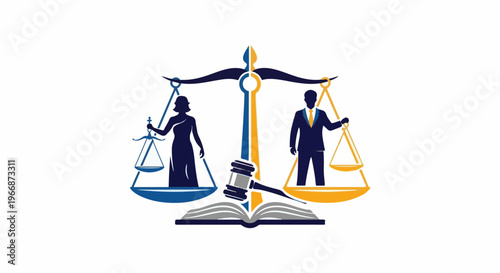 Abstract scales of justice with male and female figures, gavel, and book