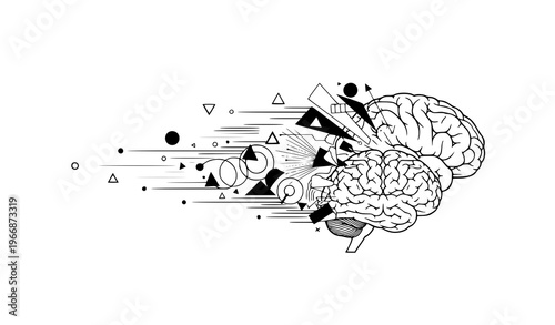 A black and white vector graphic illustration of a brain with geometric shapes and lines radiating from it in a dynamic and abstract design