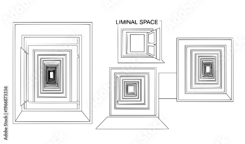 A vector graphic illustration of multiple square shaped liminal spaces in a minimalist and futuristic design style with a white background