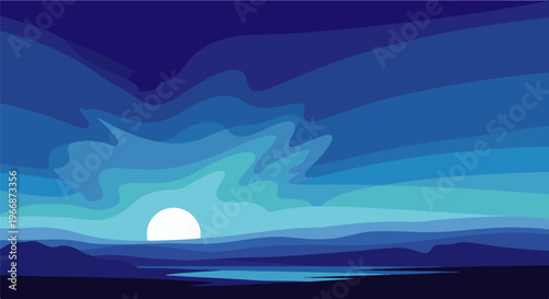 Abstract serene landscape with layered blue hills and a glowing orb