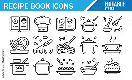 Culinary icons pack with kitchen utensils cookware and recipe elements for web and print