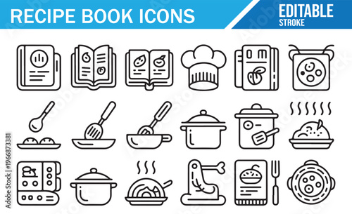 Recipe book and cooking icons set with modern outline style for food and kitchen design