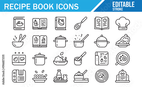 Recipe book cooking icons line set with kitchen utensils chef hat cookware food preparation symbols for culinary design menu templates restaurant branding and web UI elements
