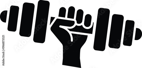 A clenched fist powerfully gripping a stylized barbell weightlifting symbol