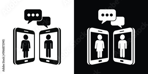 Flat vector icon of a man and woman communicating via smartphone screens with speech bubbles. Represents digital dating, virtual meetings, and mobile messaging. Simple black and white style.