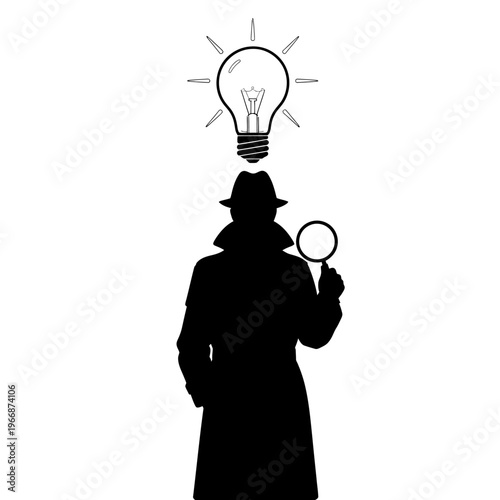 Silhouette of a detective with a magnifying glass and lightbulb.
