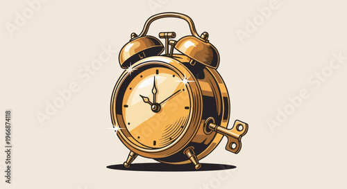 A vintage golden alarm clock with a winding key