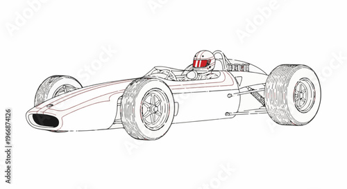 A vintage open-wheel race car with a driver in a helmet, in sketch-like style
