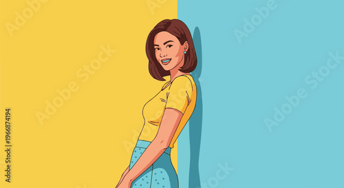 Woman in yellow shirt and blue skirt with dots, against yellow and blue background