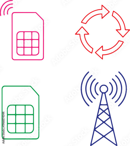Mobile communication icons sim cards signal strength and network connectivity
