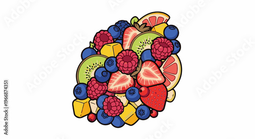 A vibrant, abstract illustration featuring a jumble of colorful, fresh fruits