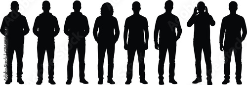 Casual people silhouettes standing in different poses, male and female characters isolated on white background, everyday lifestyle individuals vector collection