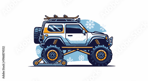 A white off-road vehicle with a ski rack and snow track
