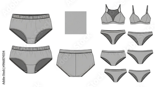 Vector CAD design style illustration of women's underwear and lingerie sets on white