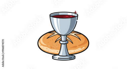 A chalice filled with red liquid sits atop a round loaf of bread